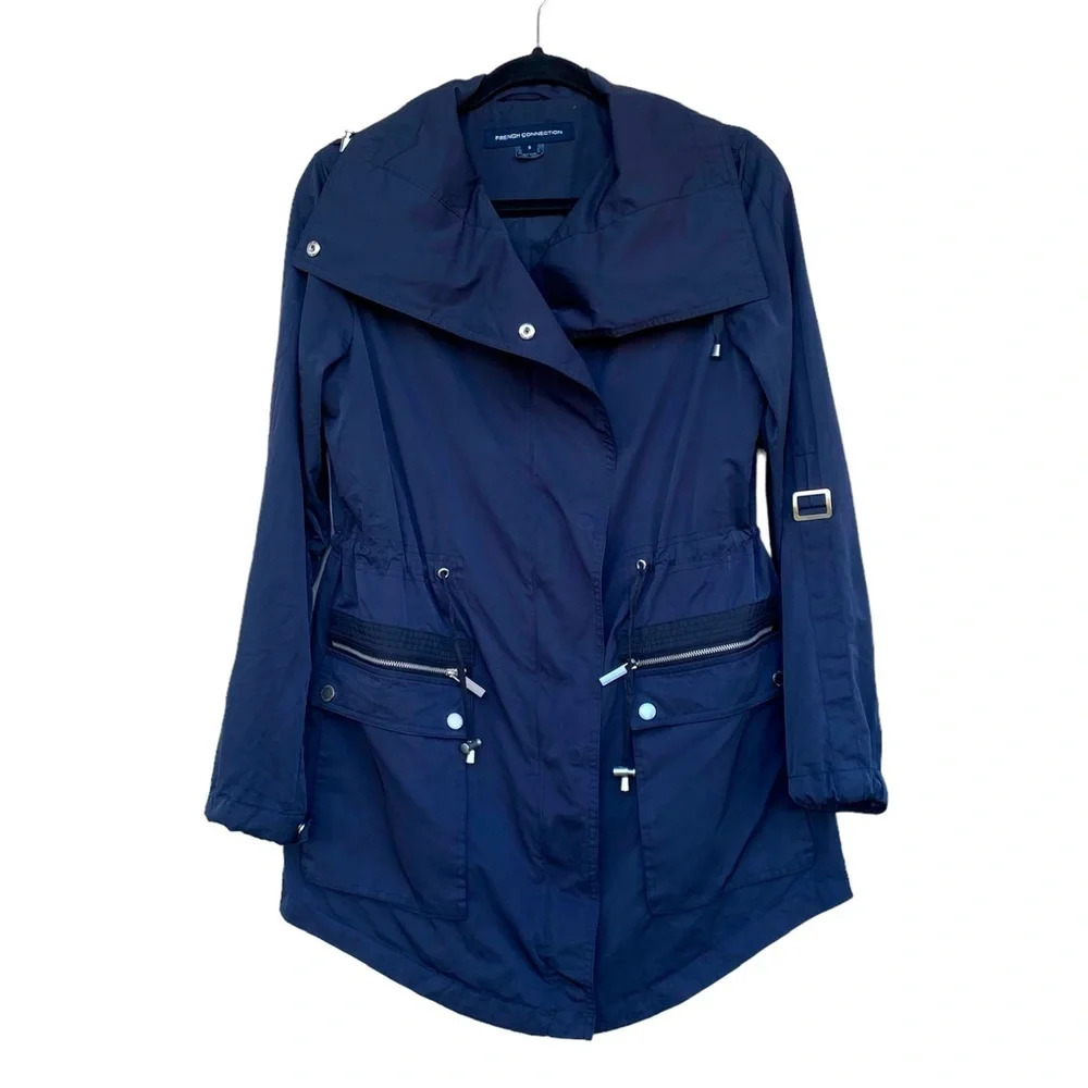 French Connection Lightweight Rain Jacket Navy Blue Trench Size S Long Line